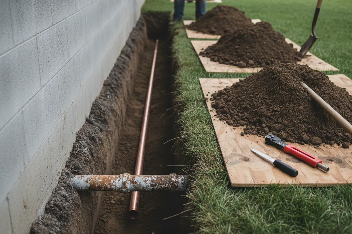 Excavated water line trench during Sewer Line Repair in Sumner